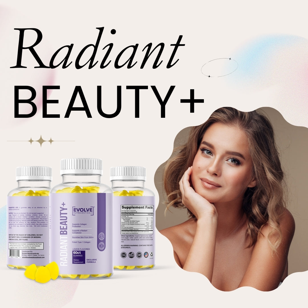 Radiant Beauty+ Gummies, Hair Skin and Nails, Biotin 2500mcg, Hydrolyzed Collagen 200mg, Vitamin C, Vitamin E, Lemon Drop