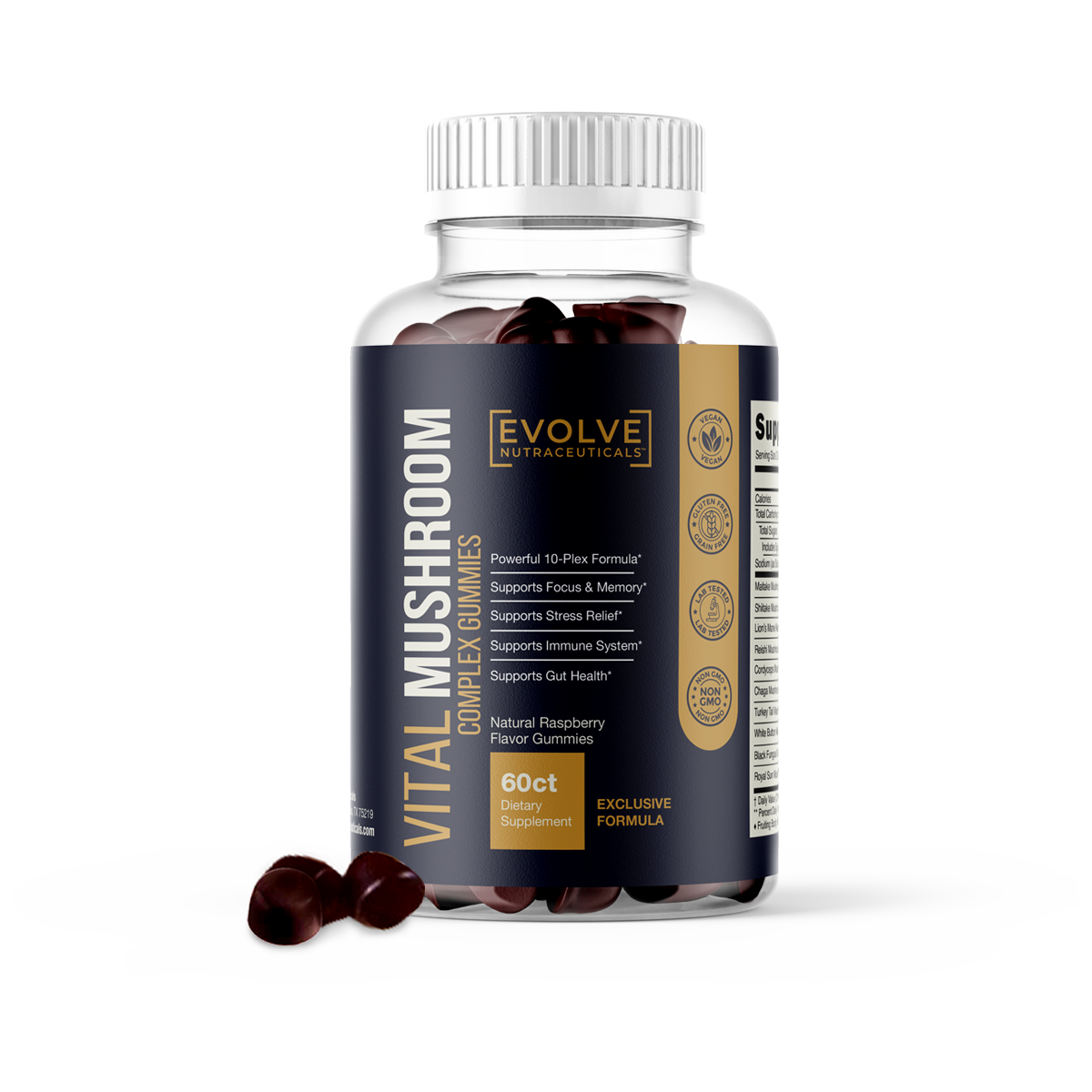 Vital Mushroom Complex Gummies, 10-Plex Mushroom, Antioxidant, Immune Fortifying, Gut-Health and Cognitive Clarity, Delicious Raspberry Flavor