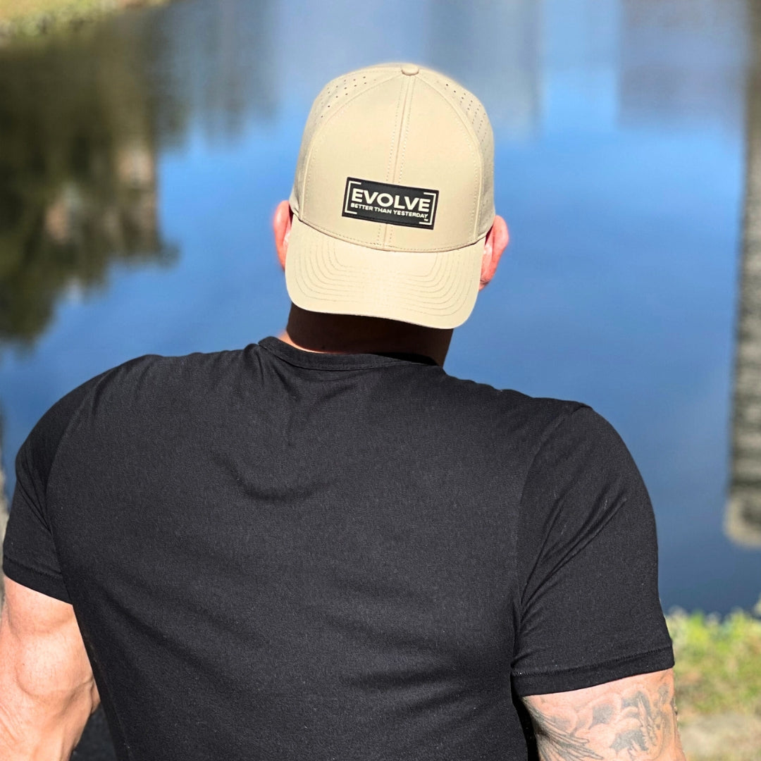 Evolve "Better Than Yesterday" Snapback Hat for Men and Women (Polyester Blend, Tan/Black)